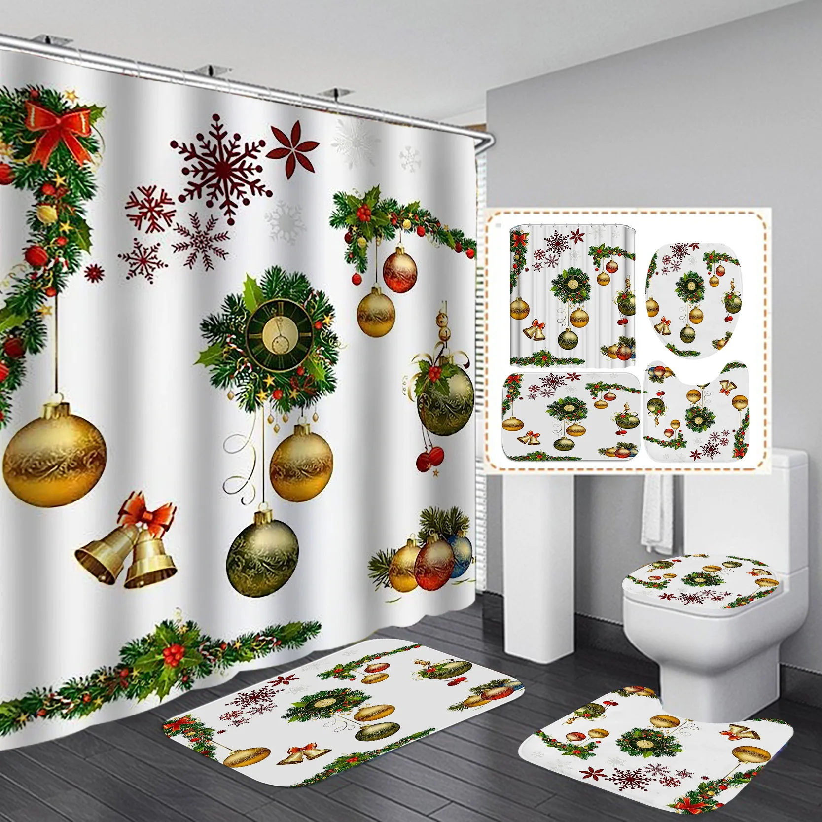 Merry Christmas Shower Curtain, Waterproof Quick Drying, Fade Mold Resistant, Washable Bathroom Decor Curtain with 12 Hooks