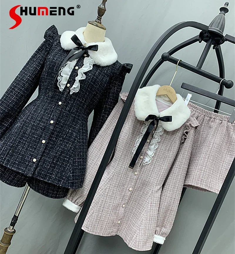 SC Autumn Winter Dress Set Japanese Style Mine Slim Bow Fur Collar Long Sleeve Dress Shorts Two-Piece Sets Women Rojita Outfits