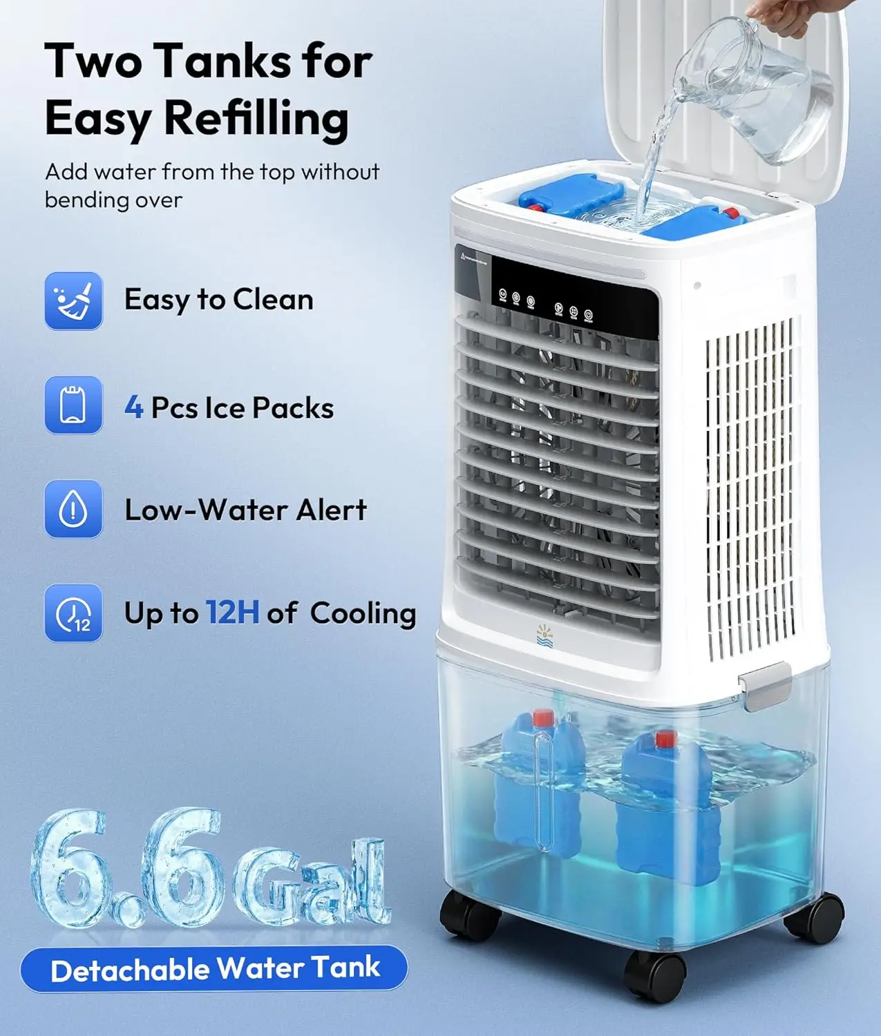 

3-in-1 Portable Evaporative Air Cooler - 2000 CFM Swamp Cooler with 6.6-Gal Dual Tank & 4 Ice Packs, Remote Control, 12H Timer,
