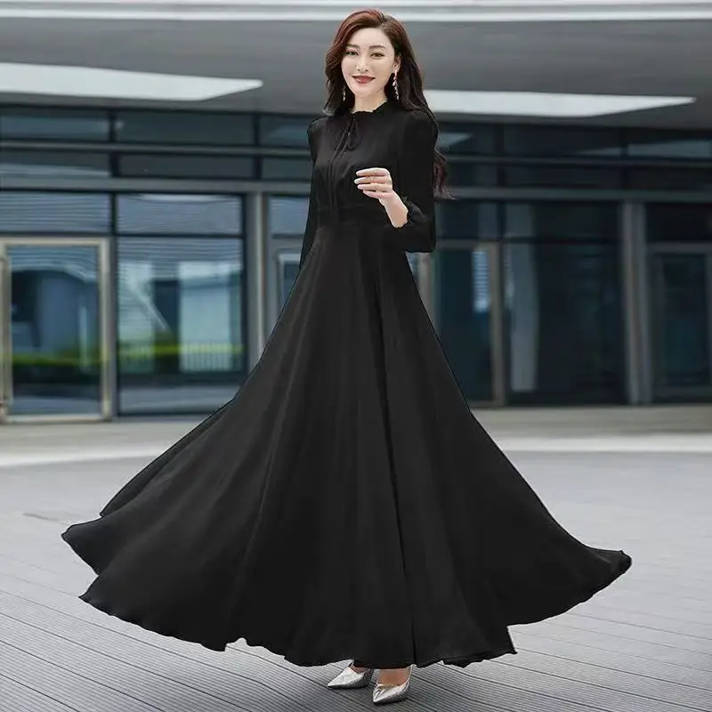 Women Chiffon Dress 2025 New Summer Fashion Long Sleeve Large Hem Tight Waist Banquet Dresses Beach Robe Party Prom Dresses