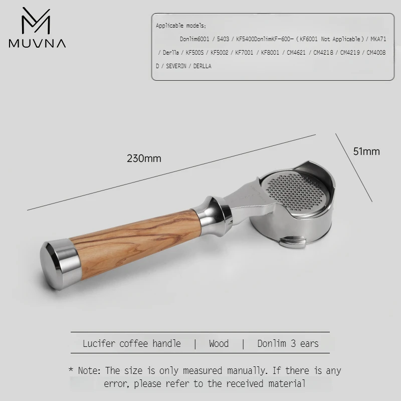 MUVNA Espresso bodemloze portafilter Lucifer-serie, naakte portafilter met mand, geschikt voor E61/Nuova/Delonghi/Breville-machines