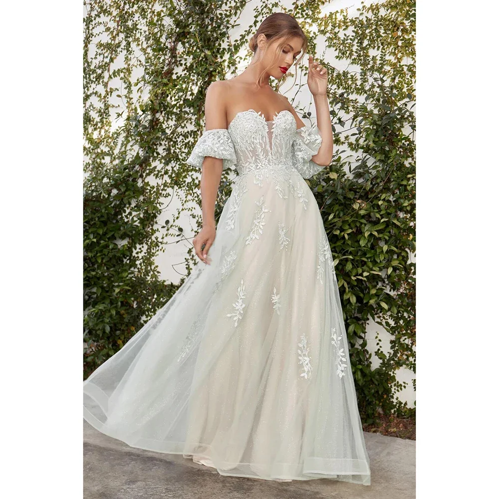 أنيقة الدانتيل يزين فساتين حفلة موسيقية أزياء قبالة الكتف الأزهار حزب أثواب الطابق طول ألف خط فساتين السهرة النسائية