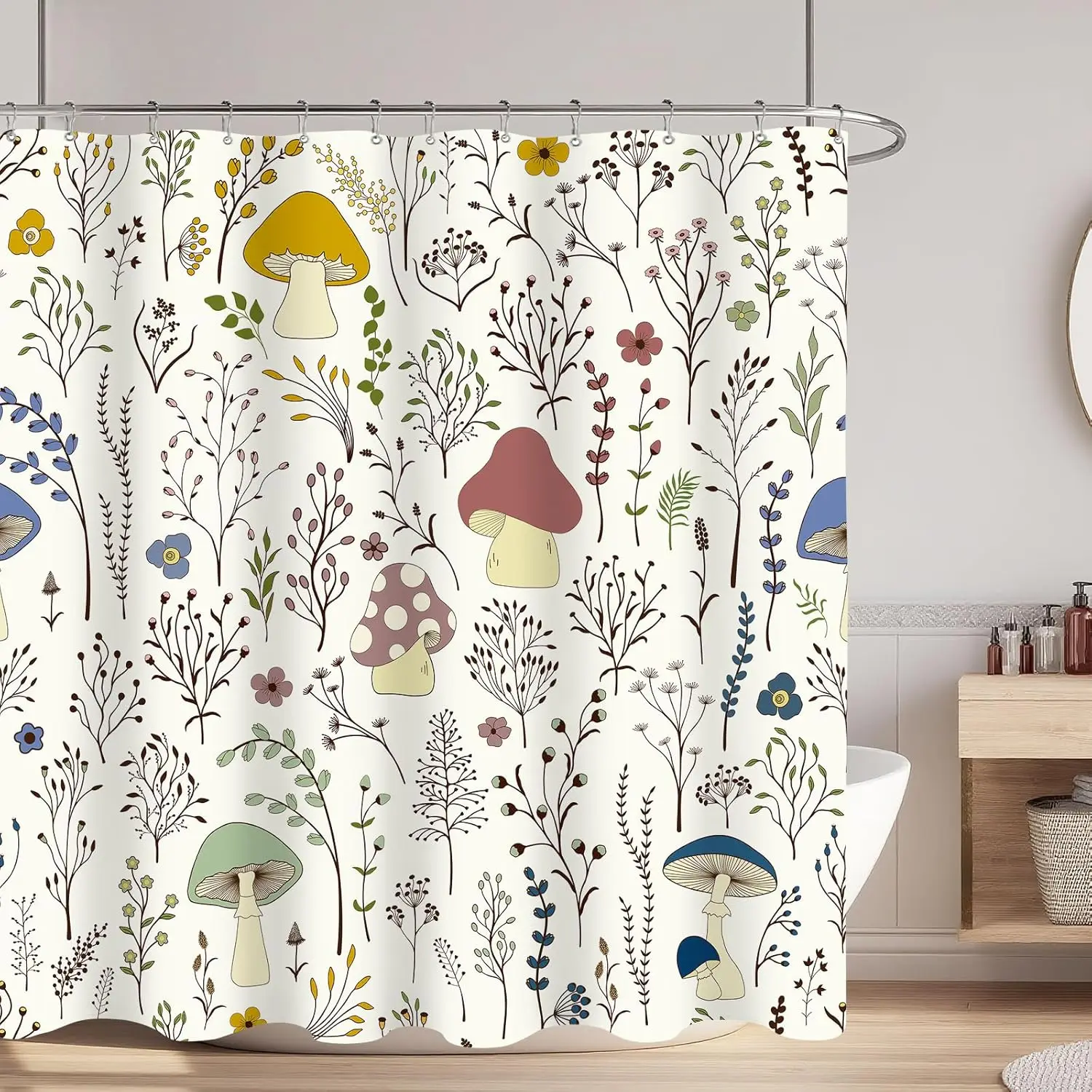 

Cute Mushroom Kids Shower Curtain, Funny Colorful Cartoon Fabric Shower Curtains for Bathroom, Cool Trendy Retro Cottagecore