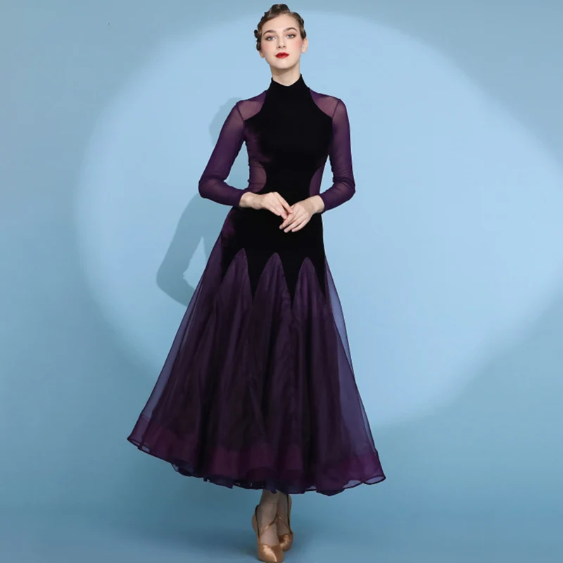 

New Women Flamenco Dance dress Waltz Velvet Purple Long Sleeve High Collar Ballroom Dance Dress Rehearsal Costume