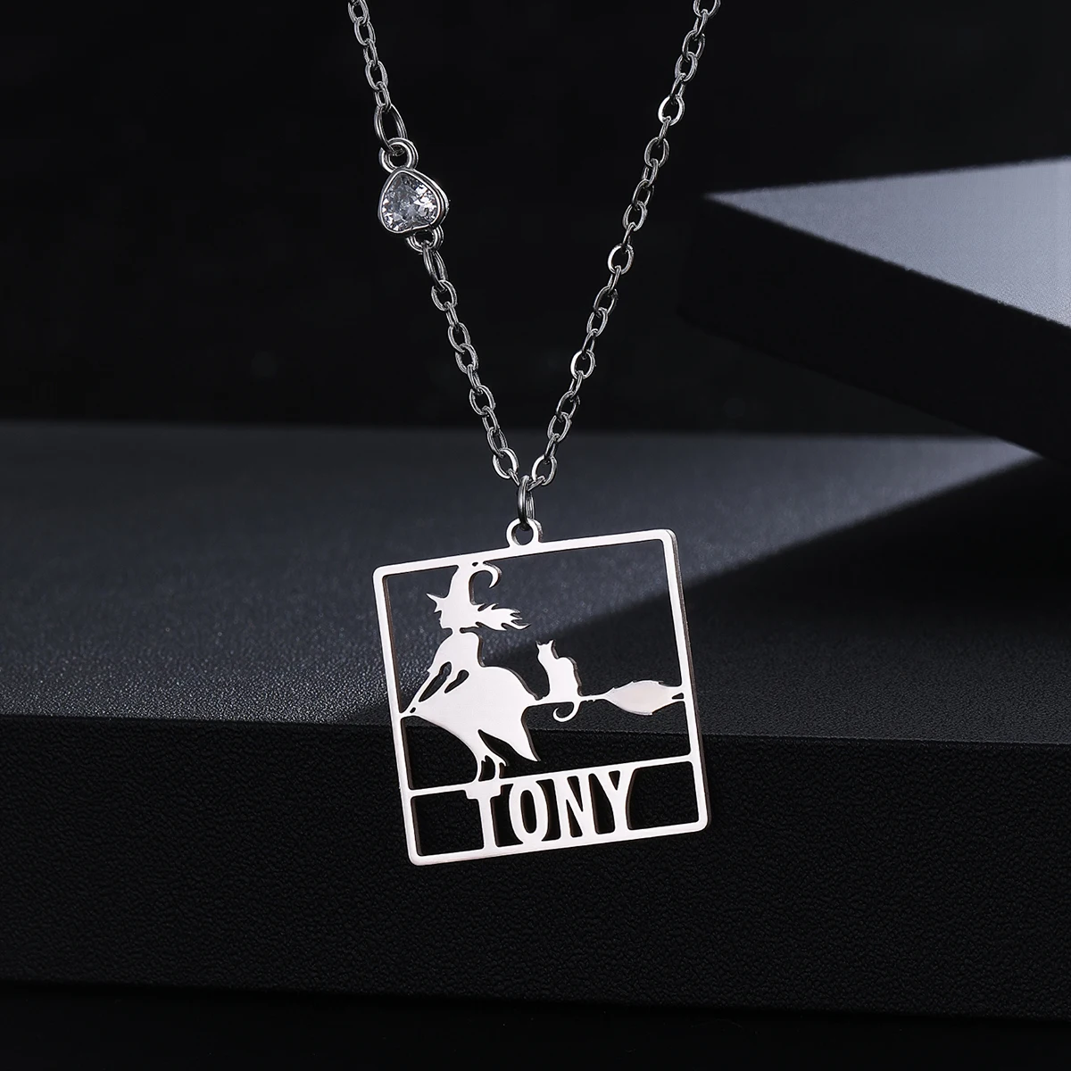

Custom Name Stainless Steel Hollow Witch and Cat Square Necklace Women's Men's Fashion Trendy Pendant Necklace
