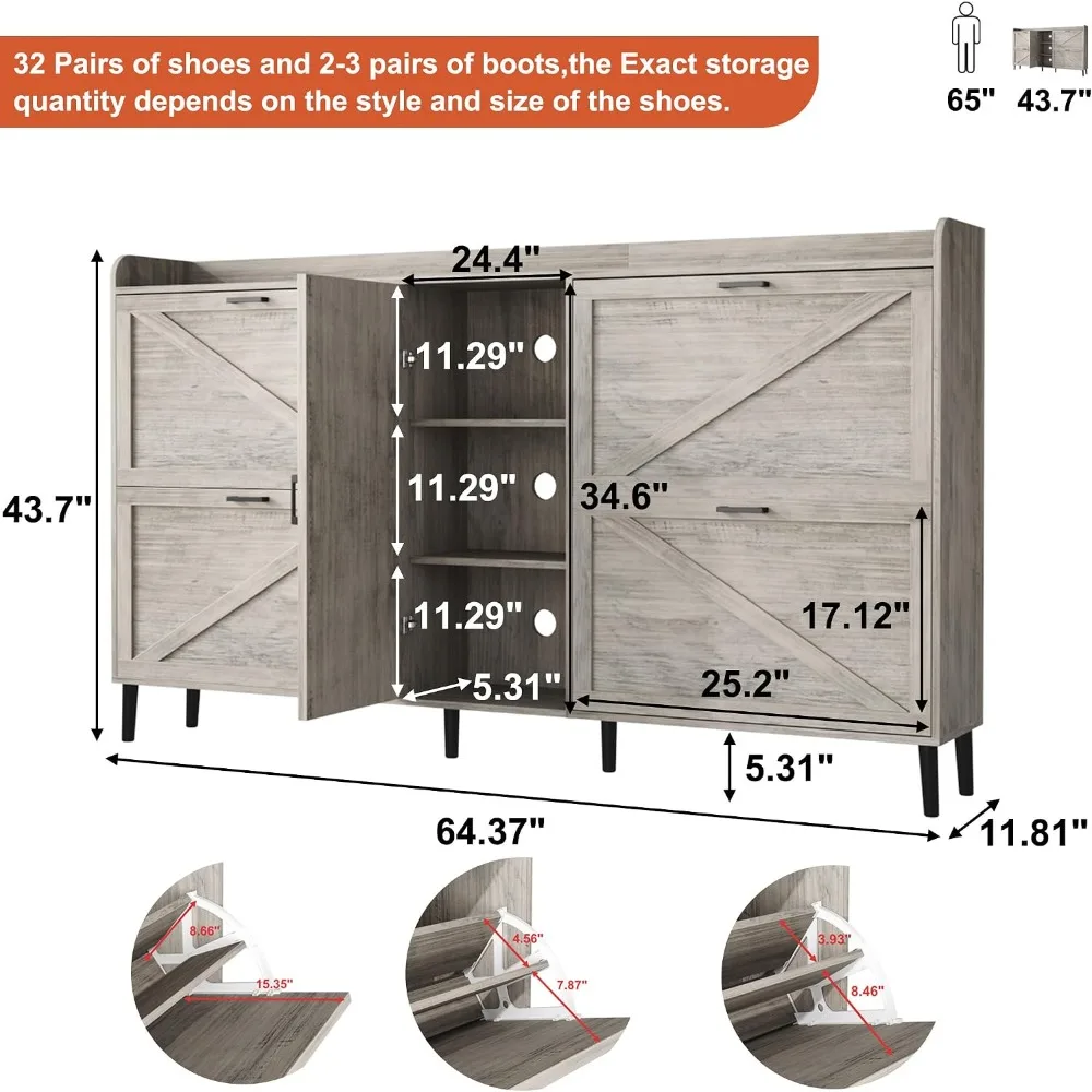 Large Shoe Cabinet with 4 Flip Drawers, Farmhouse Narrow Organizer for Entryway, Washed Gray