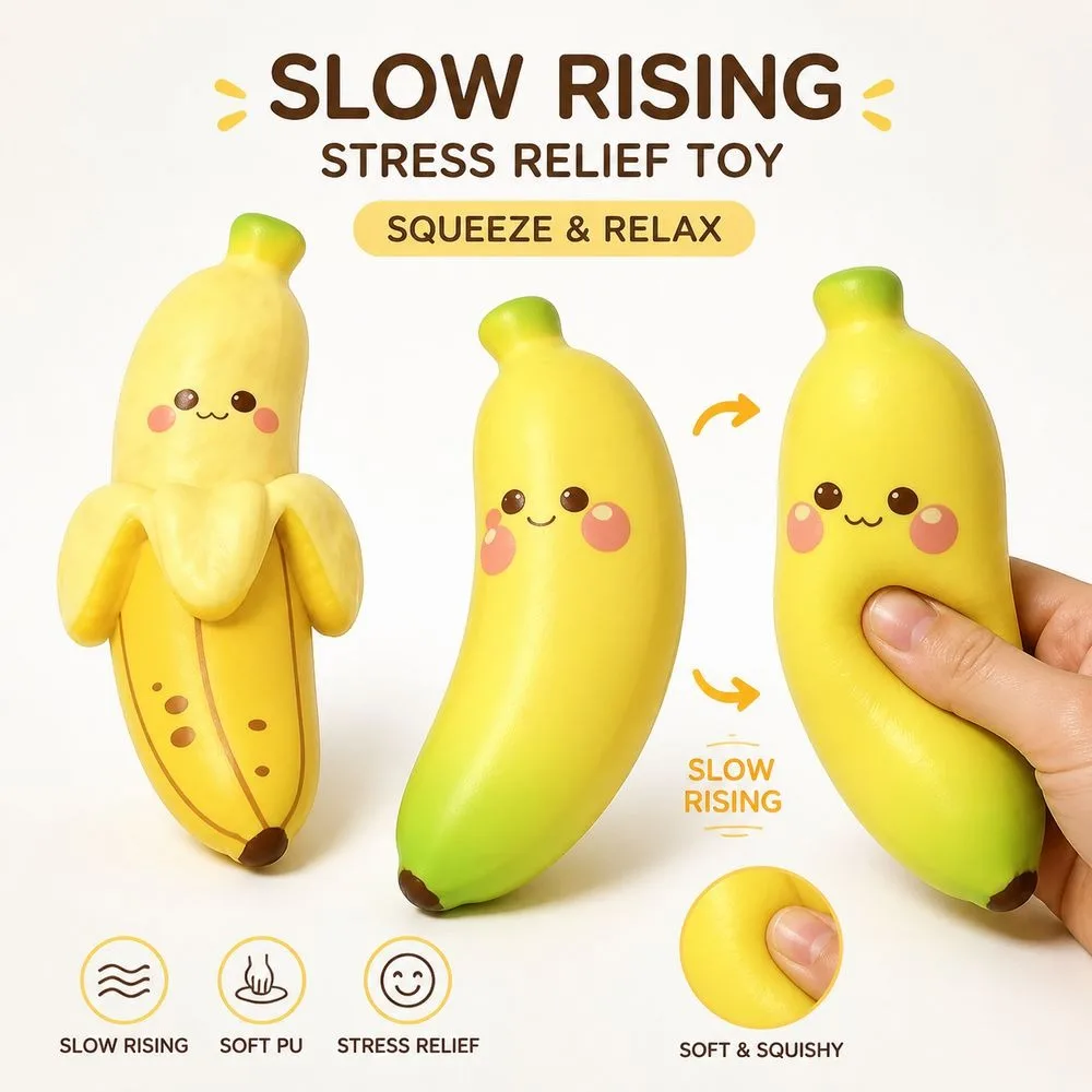 PU Simulated Banana Squeeze Toy Slow Rising Soft Fruit Squeeze Fidget Toy Gradient Banana Style Peeled Banana Shape Sensory Toy