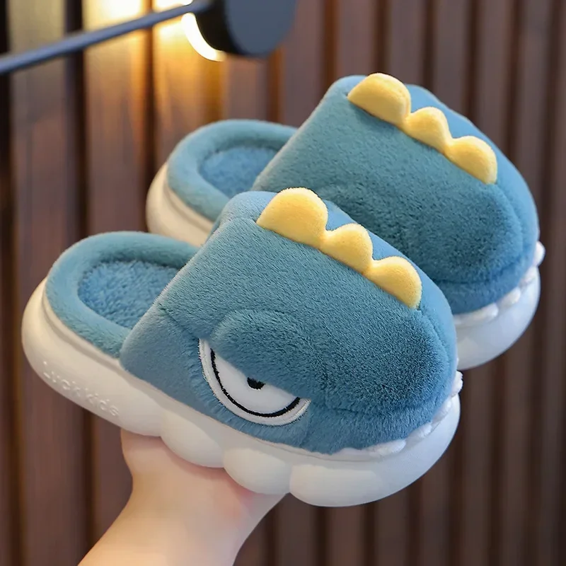 Cute Cartoon Dinosaur Children Plush Slippers Kids Lovely Non Slip Indoor Round Toe Fashion Soft Thick Sole Shoes Sewing Thread