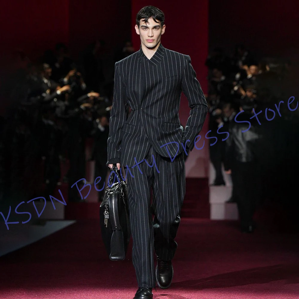 Modern Slim-Fit Black Pinstripe Men's Suits 2Piece(Jacket+Pants) Set Formal Business Outfit Evening Party Smart Clothes