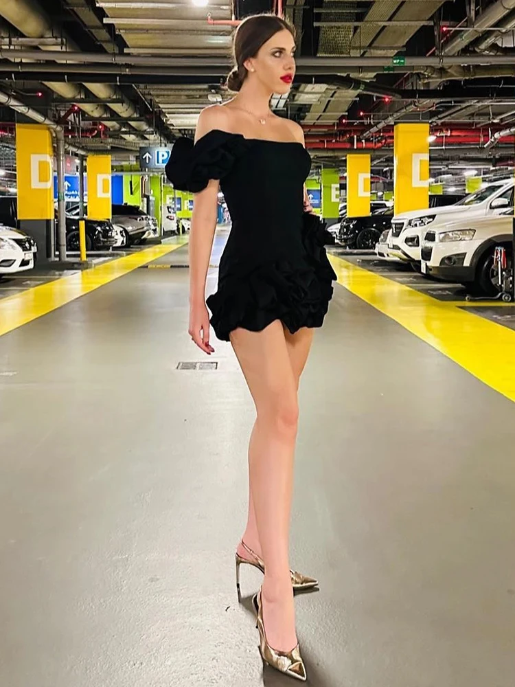 2024 Women Summer Sexy One Shoulder Sleeveless Slim Ruched Ruffles Black Dress Evening Stage Performance Dress Vestido