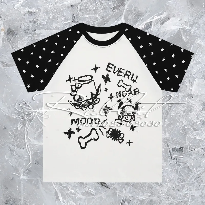 

25/26 Summer New Abifeng Angel Hello Kitty Little Devil T-shirt Women's Fashion Y2k Casual Wave Dot 3D Printed Kawaii T-shirt