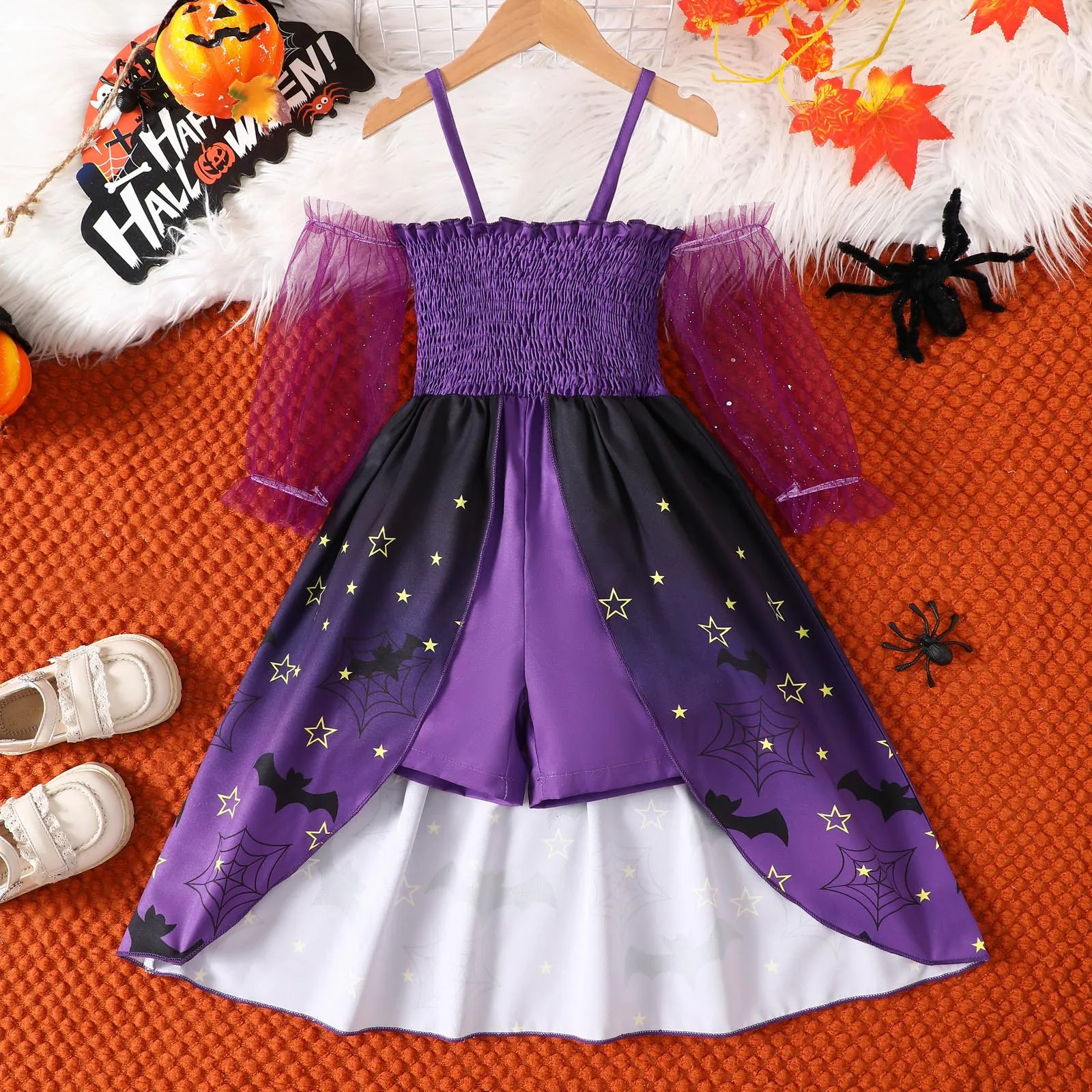 Halloween Baby girls clothes Cute Bat and star print Slip dress Irregular hemline Lace sleeve dresses Kids Girls Suspender Dress