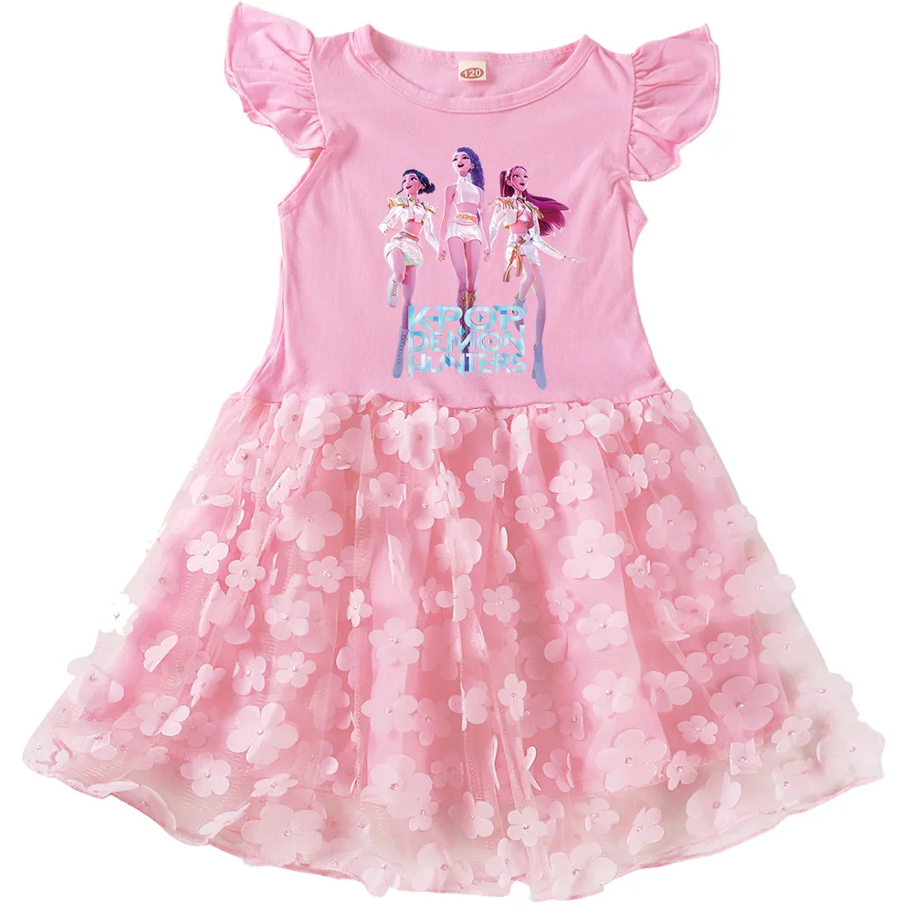 حار Kpop شيطان هنتر فستان أطفال الصيف فساتين غير رسمية طفل الفتيات شبكة الأميرة فيستدوس الأطفال حفل زفاف الزي اليومي #2