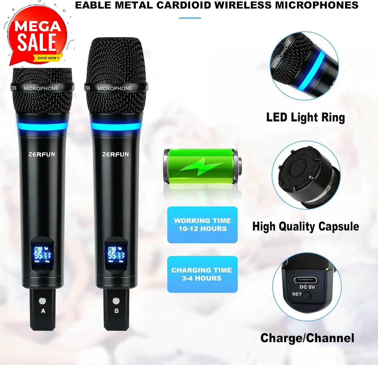 Precio de oferta: Sistema de micrófono inalámbrico recargable de 4 canales, profesional UHF, con micrófonos de mano, de diadema y de solapa, sin cable.