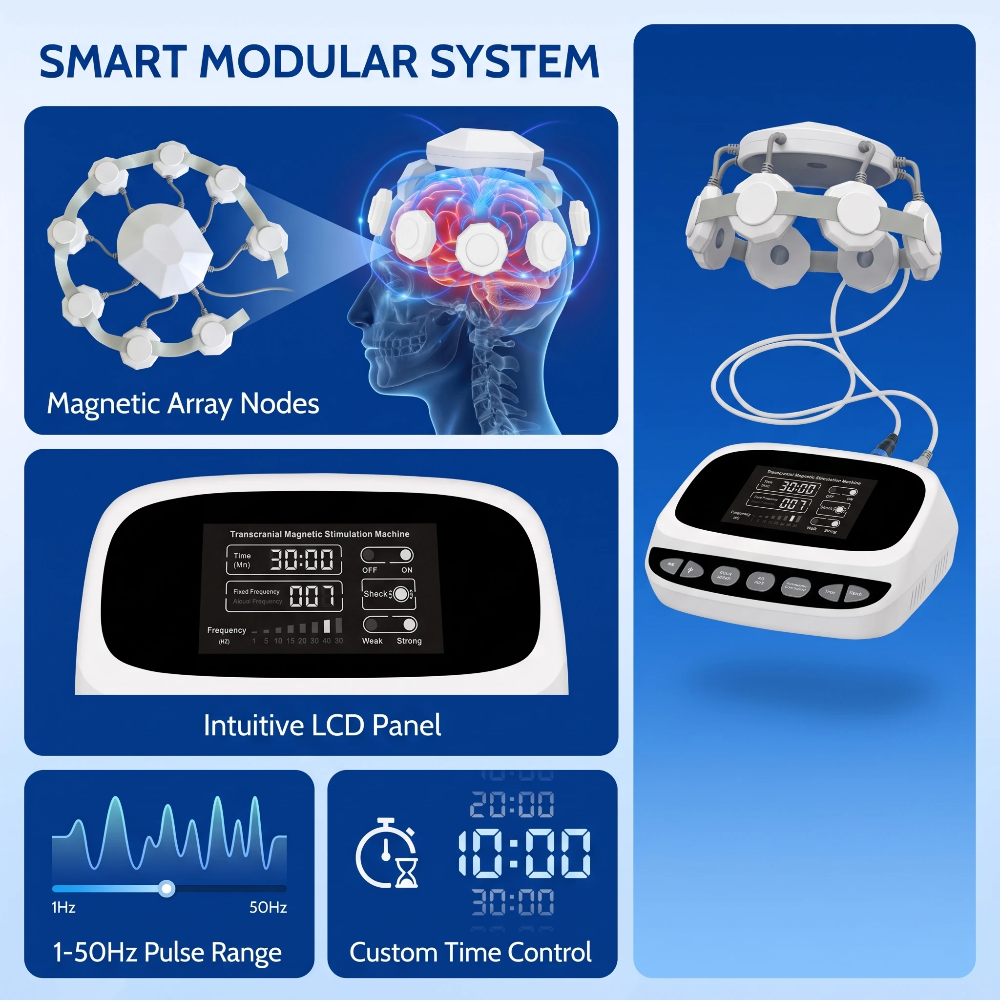 ZJZK TMS Transcranial Magnetic Stimulation tDCS Device Repetitive Magnetic 19 Modes 1-50Hz 6-19mT for Insomnia Chronic Pain OCD