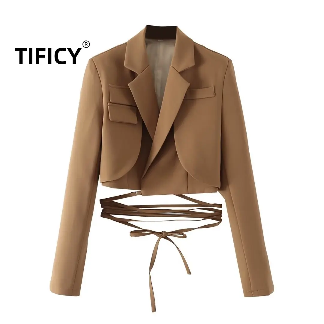 TIFICY Korean Edition Blazers Crop Tops Women\'s Fashion Solid Color Waist Tie Rope Short Suit Coat