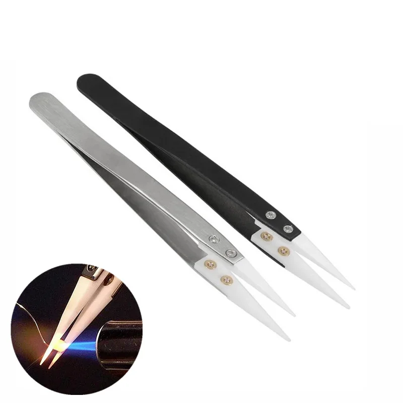 3pcs Anti Static Ceramic Tweezers Stainless Steel Electronic Cigarette Industrial Insulated Straight Curved Tip Tweezers