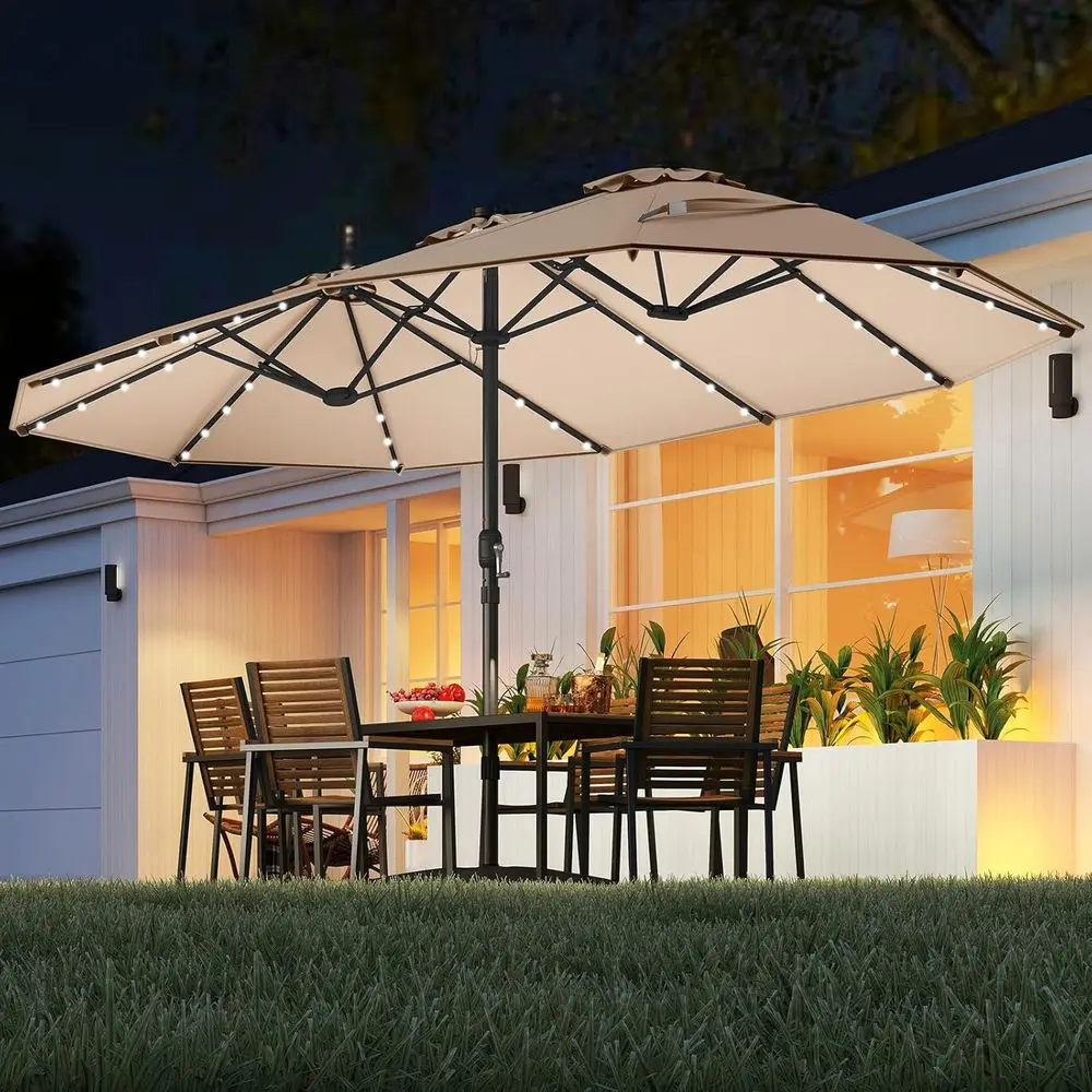 15T Double-Sided r Patio Umbrella, Extra-Large Outdoor Twin Umbrella with 48 LED Lights, Vented Top, Crank Handle, 12 Ribs, Weig