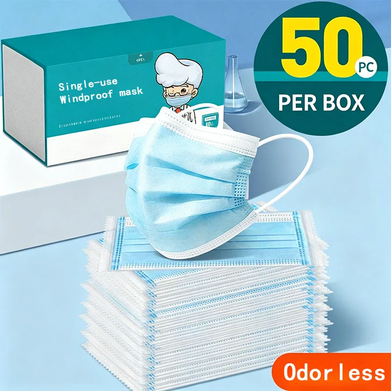 

50pc independent packaging mask, three-layer dust-proof disposable non-woven fabric mask, elastic ear hanging mask