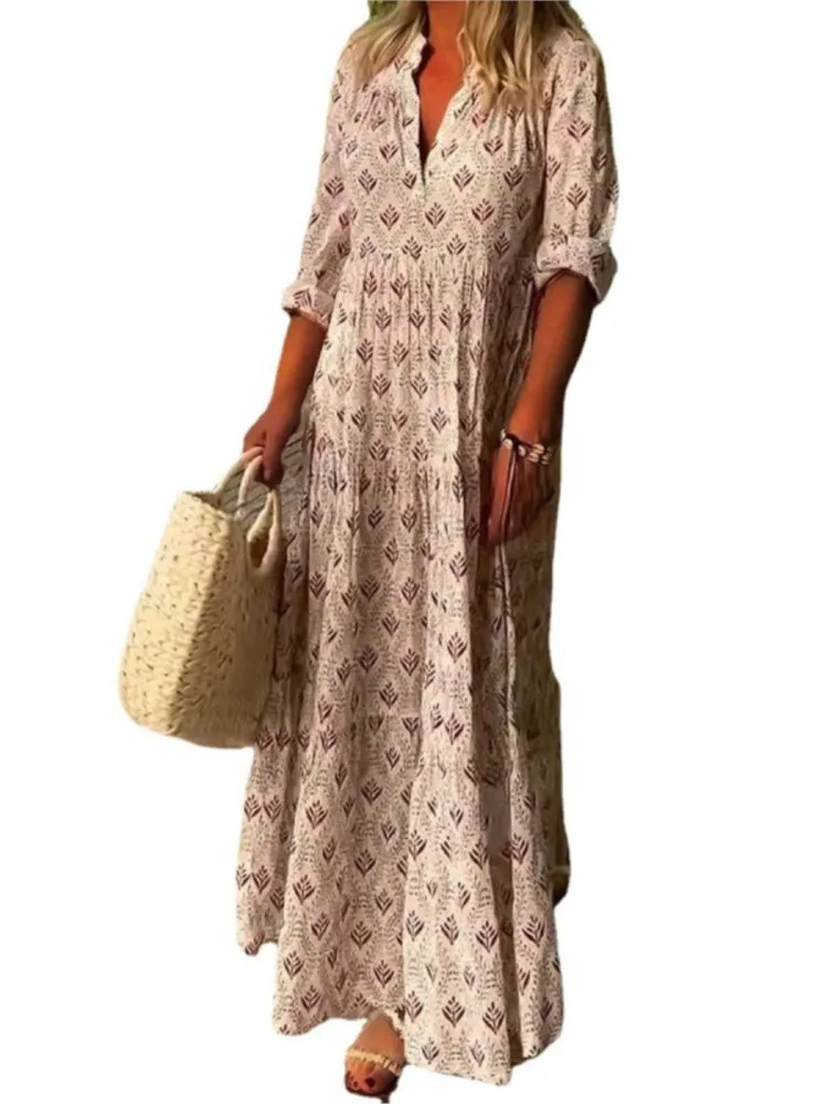 Moda damska Boho Print Long Dress Autumn Long Sleeve V Neck Vintage Dresses Casual Loose Holiday Comfortable Dress Robe Femme