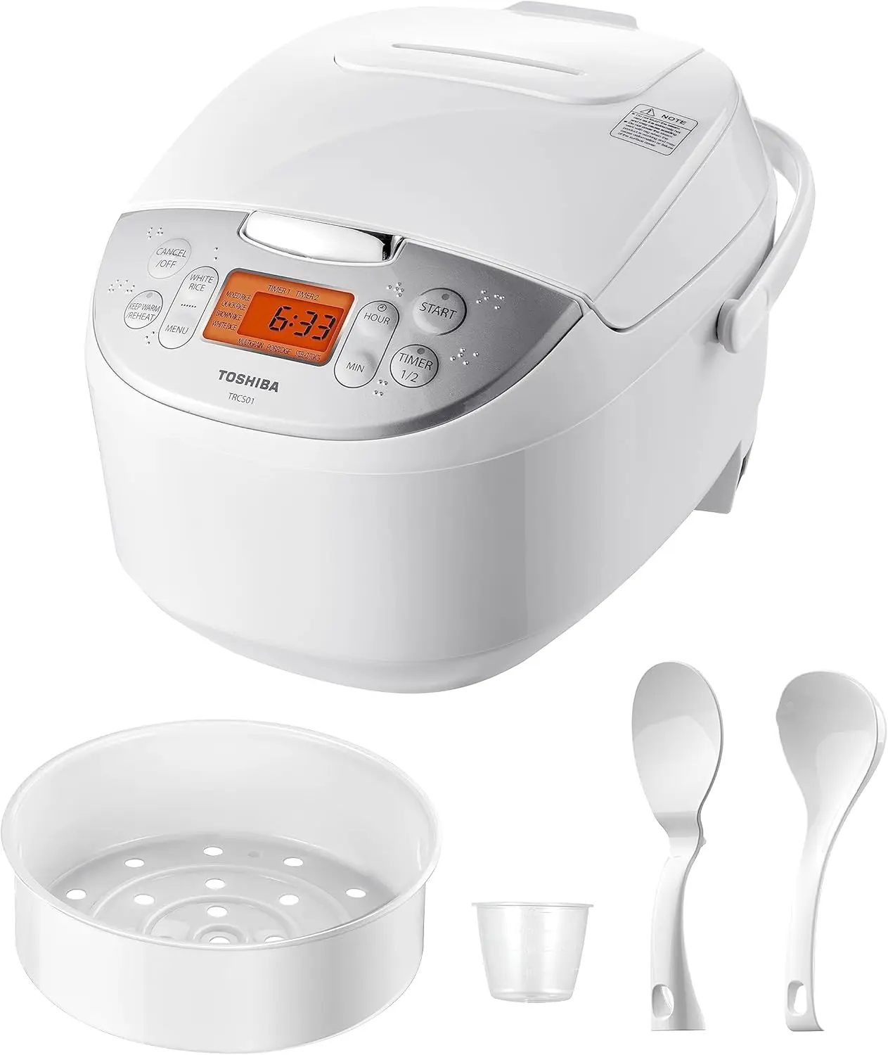 

Rice Cooker 6 Cup Uncooked , 7 Cooking Functions, Digital Display, 2 Delay Timers and Auto Keep Warm, Non-Stick Inner Pot, White