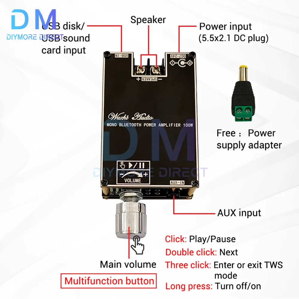 100W Bluetooth 5.0 Power Amplifier Board TPA3116 Digital Audio HiFi Stereo Mono Channel Class D AMP for Speakers DC7-24V