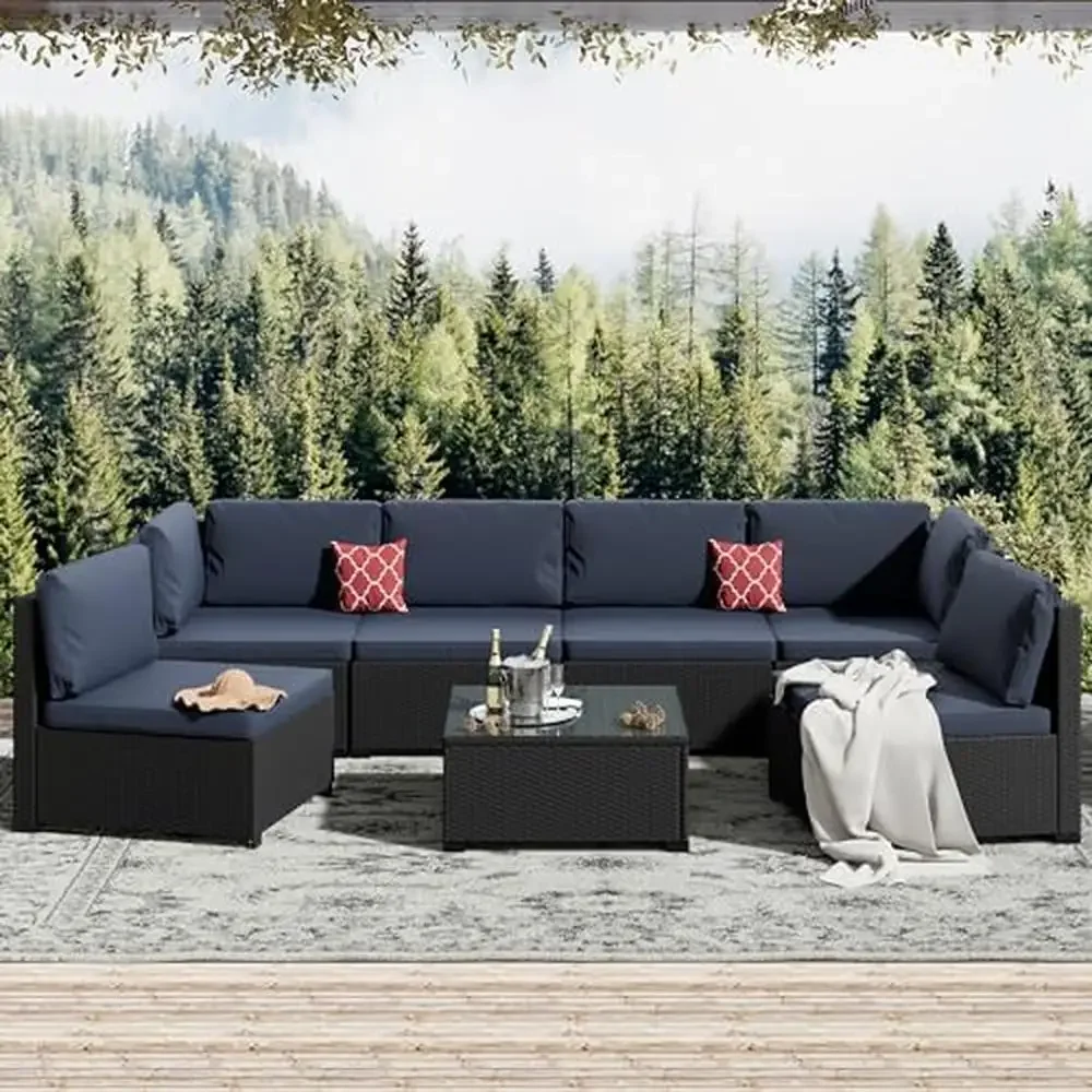 Zestaw mebli ogrodowych 7-częściowa sofa segmentowa PE Rattan Niebieska poduszka Stalowa rama na każdą pogodę Nowoczesny design Pokład basenowy Ganek