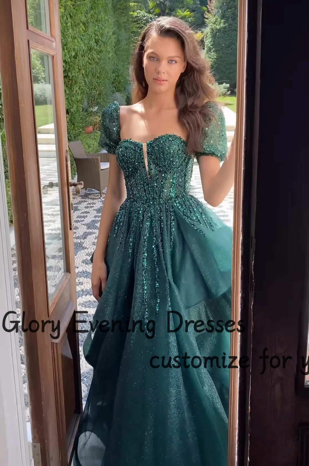 Atrovirens Shiny Princess Evening Dresses Sequins Beads Short Sleeves Floor-Length Backless Prom Dresses Formal Party Gown