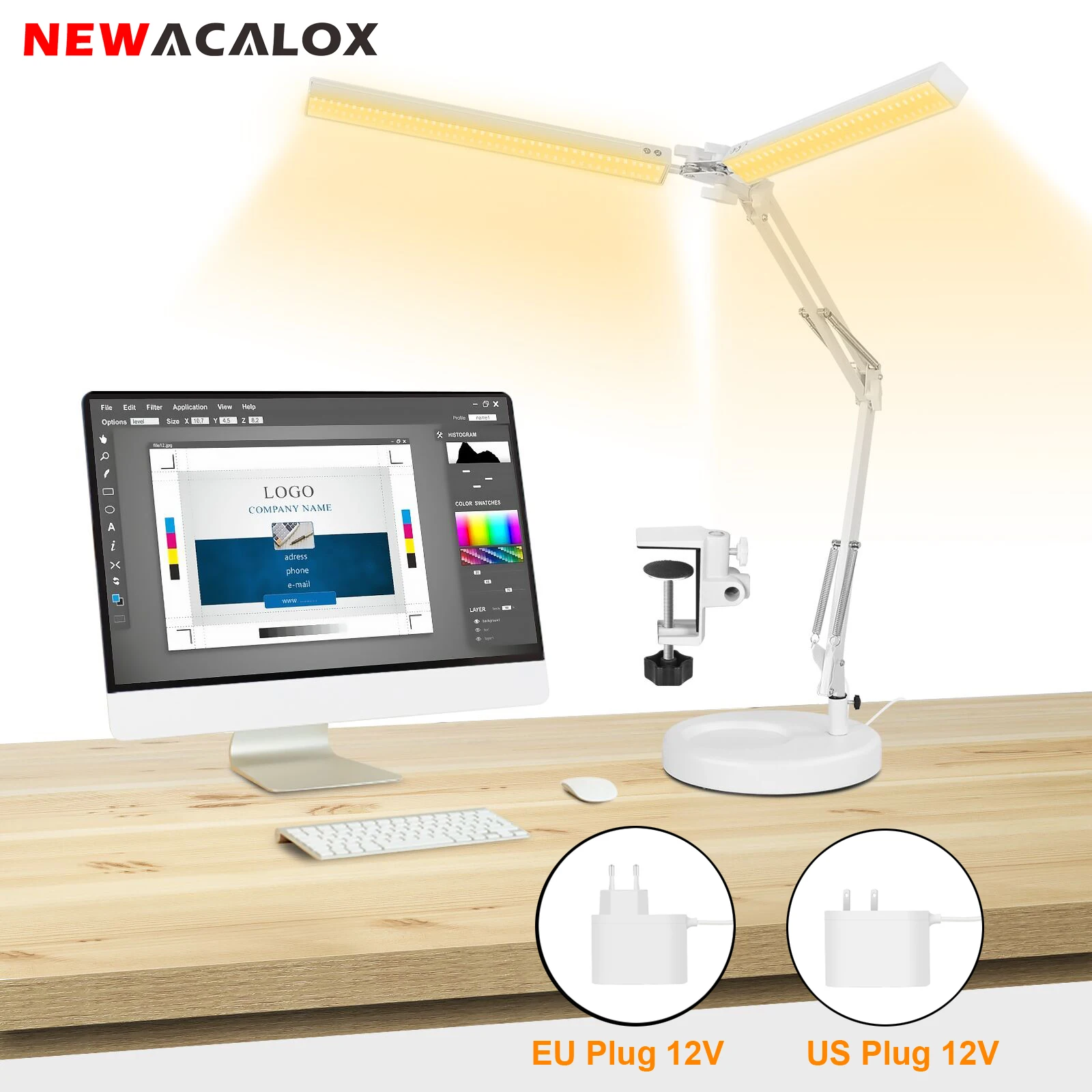 NEWACALOX LED Desk Lamp Eye Caring Architect lamp with Clamp and Round Base 24W 3 Color Flexible Adjustable Lighting Table Lamp