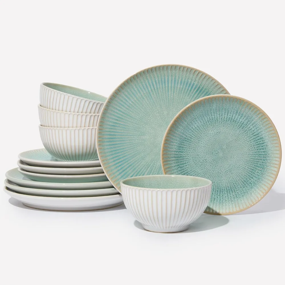 

Round Reactive Glazed Stoneware Dinnerware Set, Microwave and Dishwasher Safe Ceramic Plates and Bowls Collection