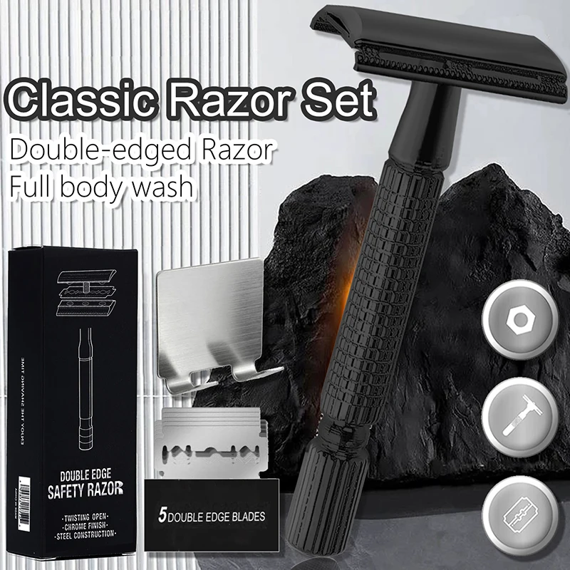 ماكينة حلاقة كلاسيكية للرجال لإزالة الشعر الخفيف ماكينة حلاقة بحافة مزدوجة من الفولاذ المقاوم للصدأ مع صندوق واحد شفرات حلاقة بحافة مزدوجة