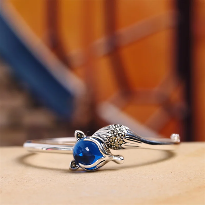 Uglyless LOVE Magic Gift Fairy Fox Bangles for Women Blue Corundum 925 Silver Bangle Vintage Marcasite Fox Tail Bracelet Jewelry