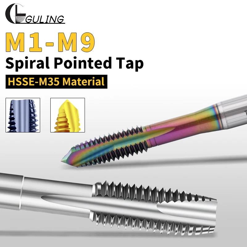 GULING 1PCS HSSE-M35 Metric Spiral Pointed Tap M1M1.4M2 M3 M4M4.5 M5M5.5M6 M7M8M9 Screw Thread Tap Without/TIN/TC50/TICN Coating