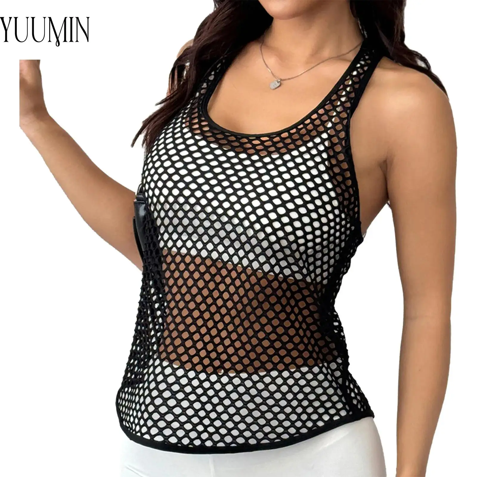Top da yoga da donna Canotta da allenamento con retro scollato in rete scavata Canotta sportiva da allenamento senza maniche con scollo a U Gilet sportivo traspirante