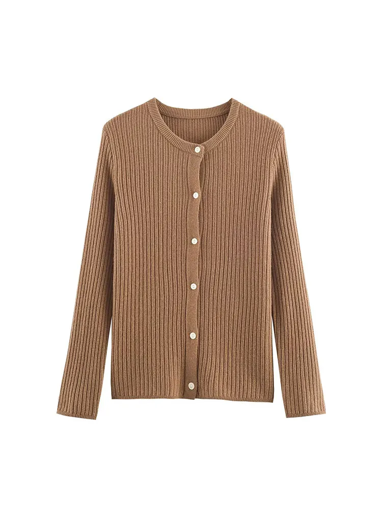 NLZGMSJ سترة نسائية كلاسيكية أنيقة غير رسمية برقبة دائرية واحدة الصدر وأكمام طويلة سترات محبوكة موضة خريف 2025