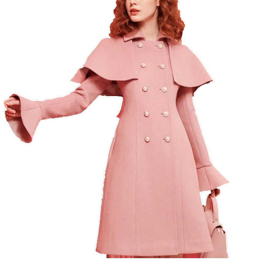 Cappotto da donna in lana doppiopetto con perle vintage soprabito rosa slim