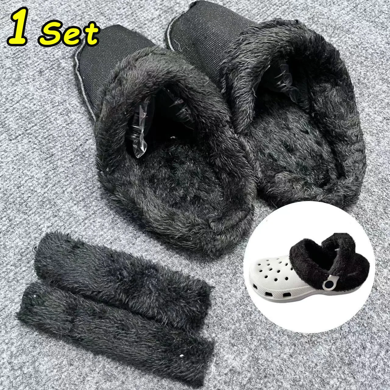 1 Set Winter Warm Hole Shoe Plush Liner For Sandals Slippers 2PCS Shoe Cover+2PCS Shoe Heels Straps Cover Home Shoes Fur Lining