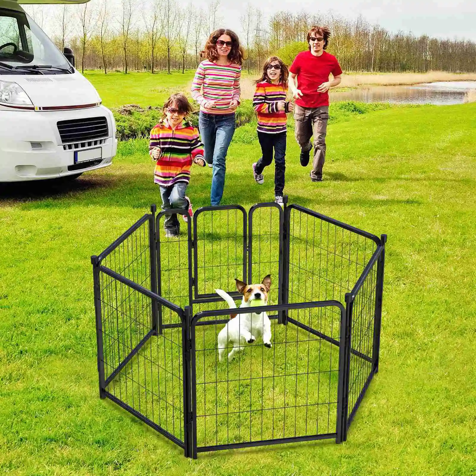 

Dog Playpen 6 Panels Iron Wire Pet Fence Exercise Pen Puppy Crate with Door for Indoor Yard Camping Outdoor Black