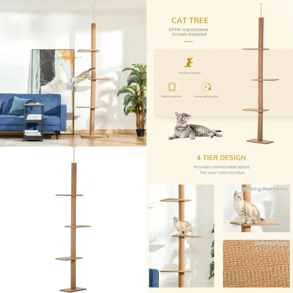 

Регулируемая по высоте сизалевая когтеточка-башня: игровой центр для кошек от пола до потолка