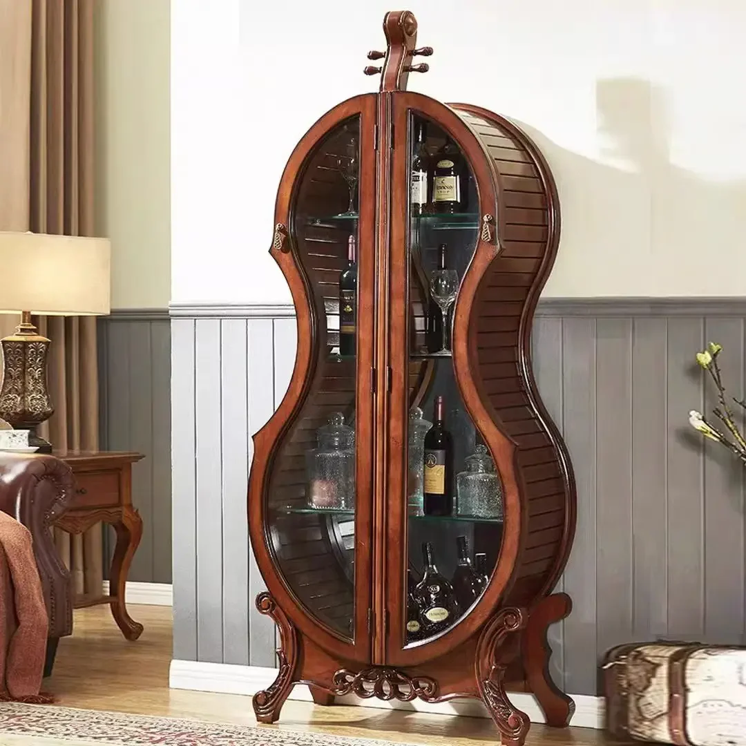 American solid wood retro wine cabinet cello living room display cabinet European decorative double door ornament glass door