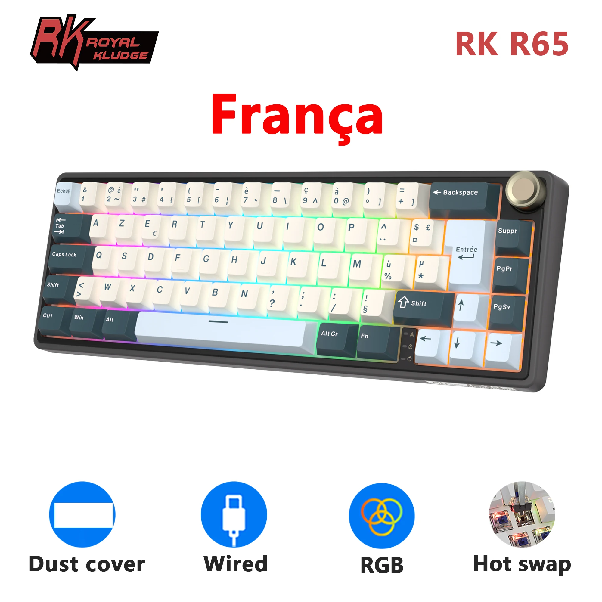 Clavier mécanique filaire RK Royal Kludge R65, 66 touches, 65 %, rétroéclairage RGB, clavier gamer à touches interchangeables à chaud avec keycaps MDA PBT
