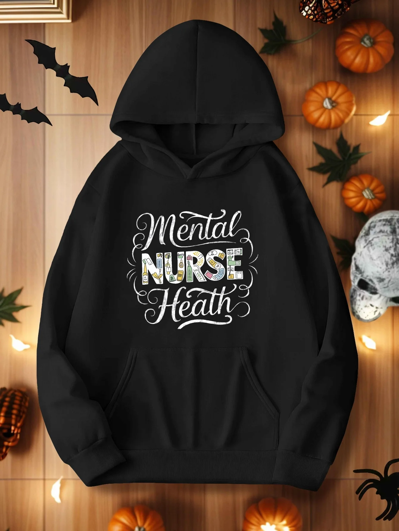 

Psychological nurse health lady's hooded sweatshirt, geometric pattern hooded pullover, with pockets, knitted fabric