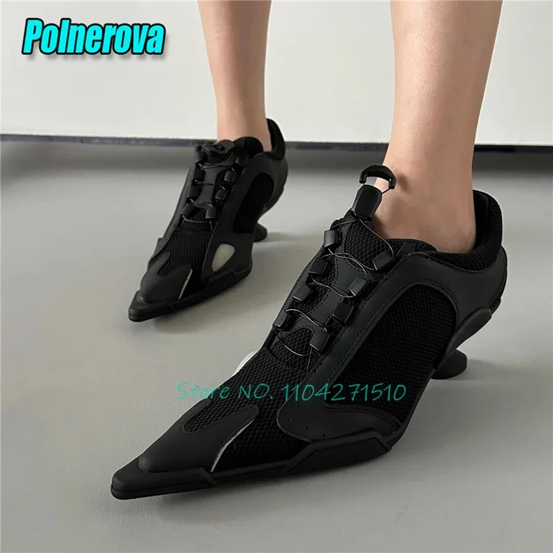 

Spring Autumn Pointed Toe Women's Pumps Fashion Black Mesh Breathable Women Casual Shoes Novelty Strange Heel Lace-Up Sneakers