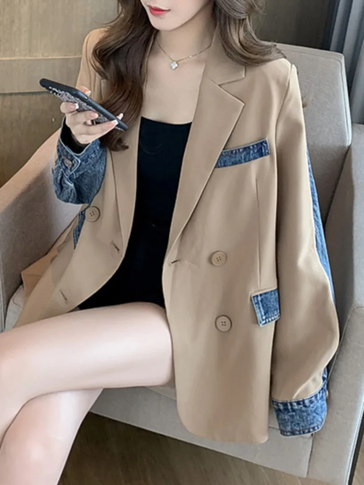 LANMREM Denim Patchwork Design Blazer Women Notched Collar Double Breasted Loose Coat Streetwear 2024 Spring New 2AA4022