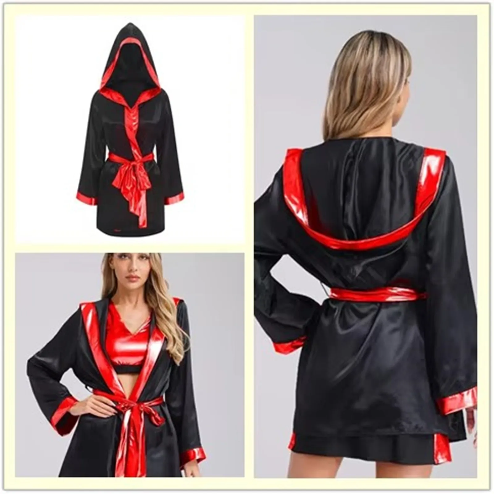 

4Pcs Women Boxer Costume Tank Tops with Skirt Hooded boxing Robe And Belt Set Muay Thai Boxer Outfit Cosplay Dress Up Costume