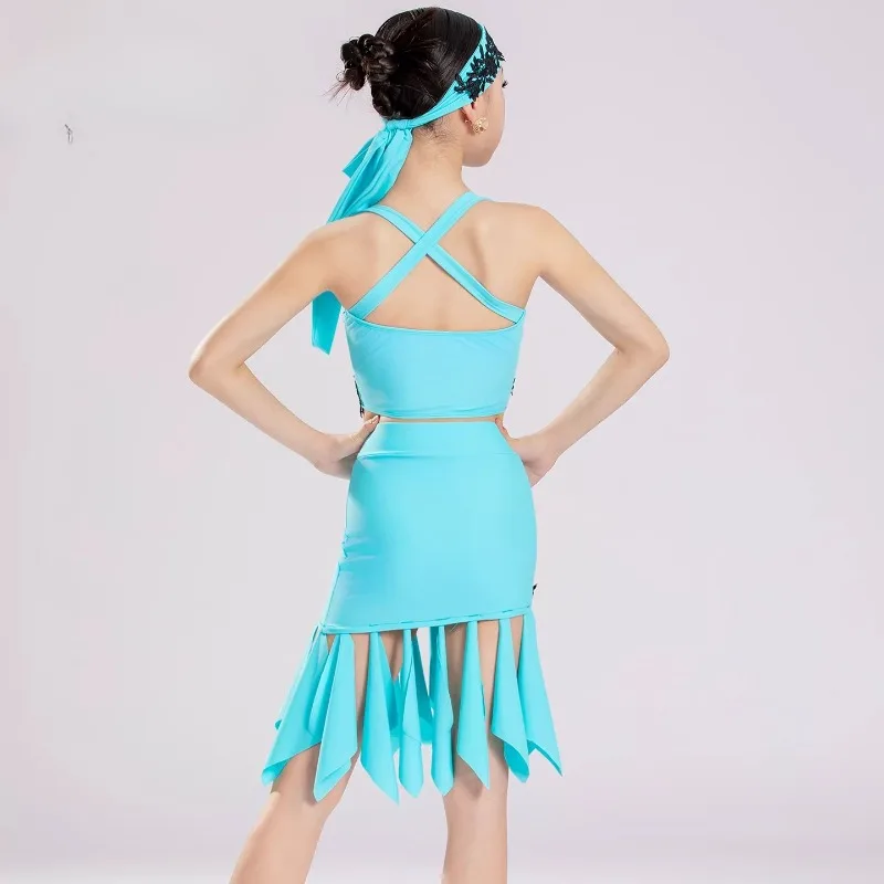 

Детский костюм для латиноамериканских танцев 2026: комплект из двух предметов для девочек, без рукавов, с кружевом, для бальных танцев, сальсы, ча-ча-ча, с кружевной юбкой с оборками