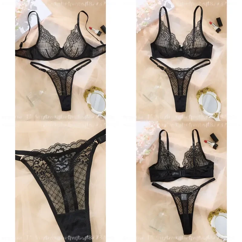 French Style Black Eyelash Lace Bralette and G-string Set Elegant Sexy Lingerie for Summer