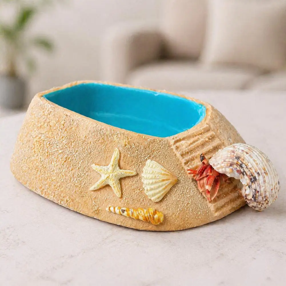 Hermit Crab Water Dish Small Water Bowl Beach Pool Hermit Crab Habitat Ornament with Climbing Ramp Starfish Conch Decor Turtle