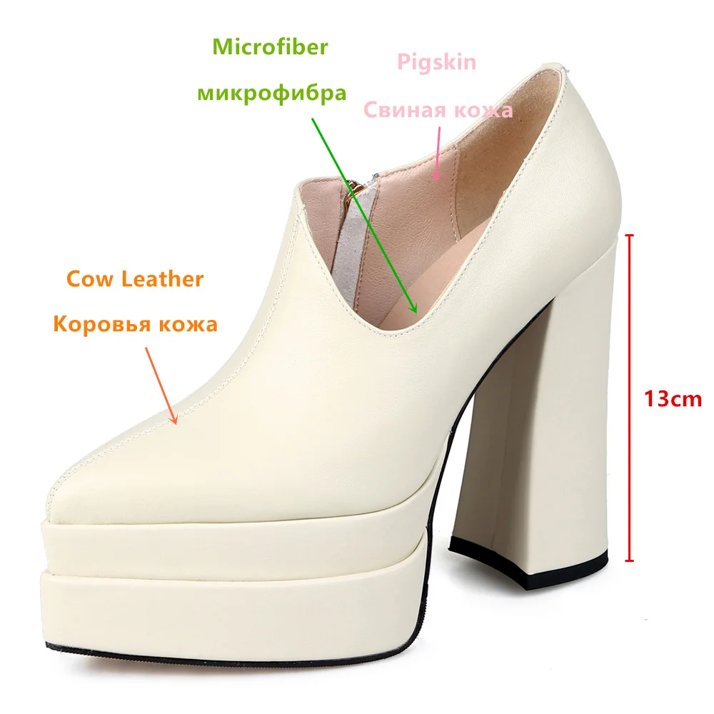 MILI-MIYA Asymmetrical Design Women Cow Leather Pumps Pointed Toe Thick Heels Solid Color Zippers Platform Handmade For Ladies