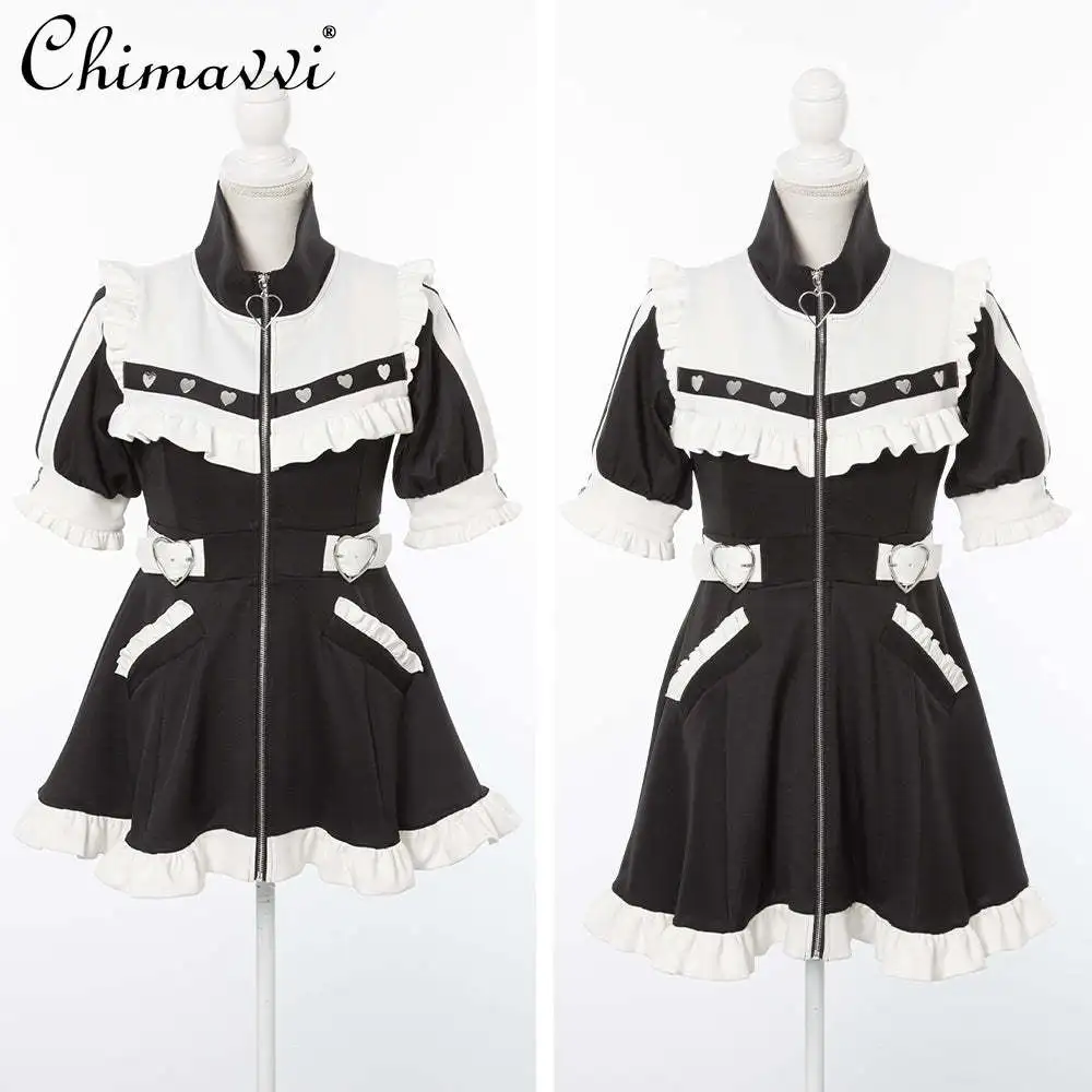 Japanese Sweet Lolita Summer Dress Women Cute Girls Hearts Zipped Stand Collar Short Sleeve Ruffled High Waist Slim Y2K Dresses